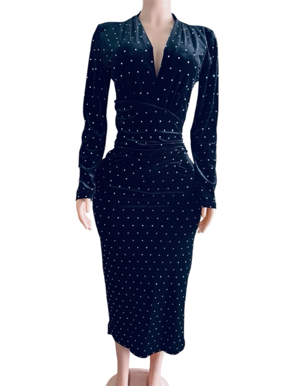 Zara Black Velvet Long-Sleeve Midi Dress with Silver Dot Detail